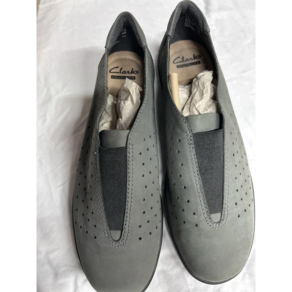 Clarks Collection Women's Slip-On Casual Shoes Gray/Black Faux Suede Cushioned 7